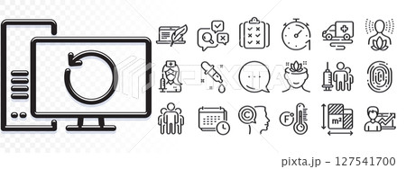 Vaccination, Ambulance transport and Chemistry pipette line icons for web app. Glare of light effect. Message icon. Pack of Copyright laptop, Timer, Floor plan pictogram icons. Vector 127541700