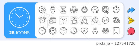 Time and clock line icons. Interest rate, AI generate, Inflation icons. Timer, Alarm and Smartwatch. Time management, 24 hour clock, deadline alarm icons. Vector Time and clock line icons. Interest rate, AI generate, Inflation icons. Timer, Alarm and Smartwatch. Time management, 24 hour clock, deadline alarm icons. Vector 127541720