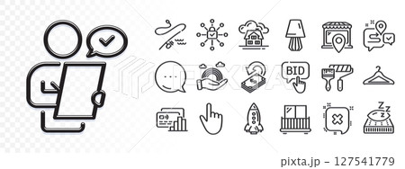 Bid offer, Fishing rod and Table lamp line icons for web app. Glare of light effect. Message icon. Pack of Cloakroom, Market location, Building pictogram icons. Vector 127541779