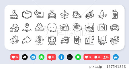 Parking app, Passport and Send box line icons pack. Social media: share, comment, like icons. Inventory cart, Lighthouse, Metro web icon. Eu close borders, Charging station, Station pictogram. Vector 127541838