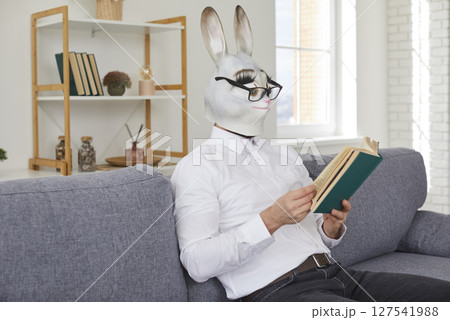 Young man in funny rabbit mask and eyeglasses sitting on couch and reading novel 127541988