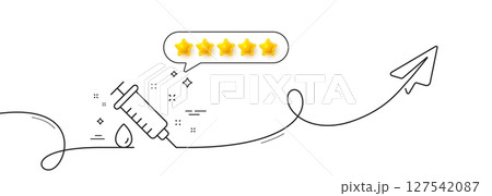 Medical syringe line icon. Continuous line with share plane. Medicine vaccine sign. Pharmacy medication symbol. Five star rate review in speech bubble. Medical syringe single line ribbon. Vector 127542087
