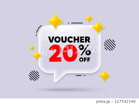 Coupon chat speech bubble. Social media concept. Voucher 20 percent off sale. Special offer coupon sign. Black friday discount symbol. 3d sparkles chat bubble. Vector 127542140