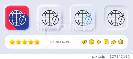 Globe with leaf line icon. Neumorphic, Flat shadow, 3d buttons. World sign. Environment day symbol. Line environment day icon. Social media icons. Vector 127542156