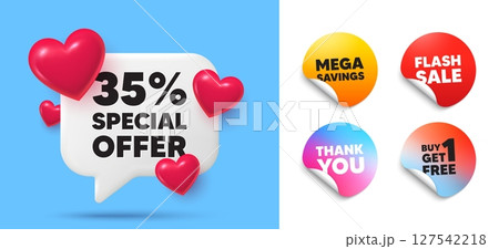 Discount speech bubble, sticker tags. Get free, Flash sale stickers. 35 percent discount offer tag. Sale price promo sign. Special offer symbol. Thank you tag. 3d hearts chat bubble. Vector Discount speech bubble, sticker tags. Get free, Flash sale stickers. 35 percent discount offer tag. Sale price promo sign. Special offer symbol. Thank you tag. 3d hearts chat bubble. Vector 127542218