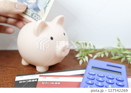 貯金と家計管理のイメージ　豚の貯金箱と通帳と電卓 127542269