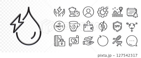 Safe energy, Headshot and Hydroelectricity line icons for web app. Glare of light effect. Message icon. Pack of Notification, Wallet, Chef pictogram icons. Vector 127542317
