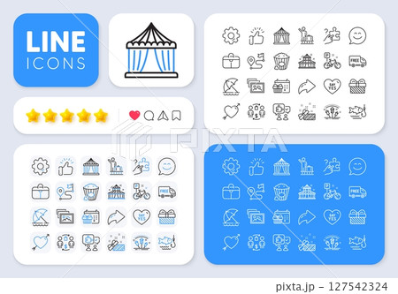 Search puzzle, Say yes and Present line icons for web app. Message, Share, Like social media icons. Pack of Circus tent, Popcorn, Journey pictogram icons. Puzzle, Smile chat, Gift signs. Vector 127542324