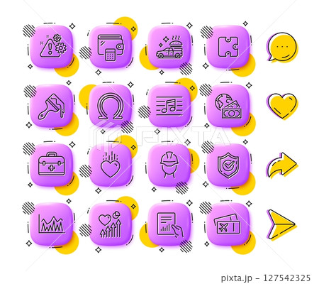 Warning, First aid and Food delivery line icons. App 3d buttons. Social media comment, share, like icons. Pack of Brush, Omega, Wallet icon. Puzzle, Global business, Heart beat pictogram. Vector Warning, First aid and Food delivery line icons. App 3d buttons. Social media comment, share, like icons. Pack of Brush, Omega, Wallet icon. Puzzle, Global business, Heart beat pictogram. Vector 127542325