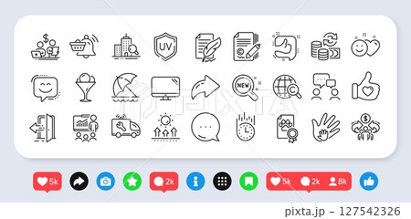Uv protection, People chatting and Smile face line icons pack. Social media: share, comment, like icons. Like hand, Feather signature, New products web icon. Vector Uv protection, People chatting and Smile face line icons pack. Social media: share, comment, like icons. Like hand, Feather signature, New products web icon. Vector 127542326