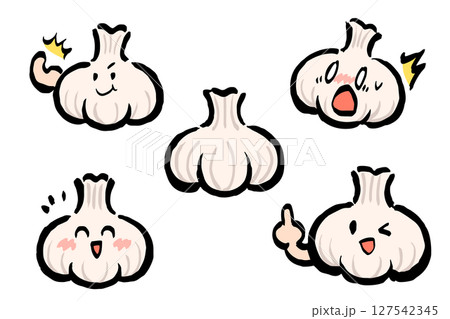 にんにくのゆるキャラの表情バリエーション（元気いっぱい・驚き・笑顔・指差し） 127542345