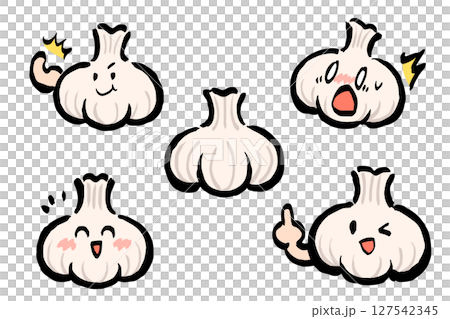 A variety of facial expressions for the garlic mascot (energetic, surprised, smiling, pointing) 127542345