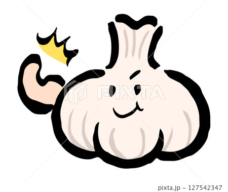 元気いっぱいに力こぶを作るにんにくのゆるキャラ 元気いっぱいに力こぶを作るにんにくのゆるキャラ 127542347