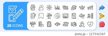 Survey, Report review line icons. Interest rate, AI generate, Inflation icons. Opinion, Customer satisfaction feedback and Test icons. Checklist review, Quiz and Business report symbols. Vector 127542387
