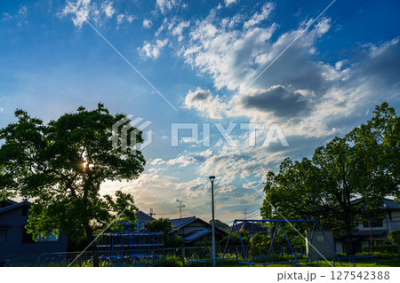 樹間から顔を覗かせる夕日と夕空を背景にライトアップされる公園　初夏の夕暮れ時奈良市内の公園にて 127542388
