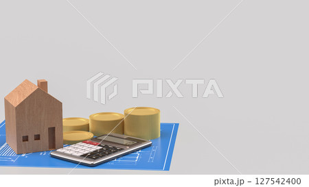 The Wood House and calculator for property or Building concept 3d Rendering. 127542400