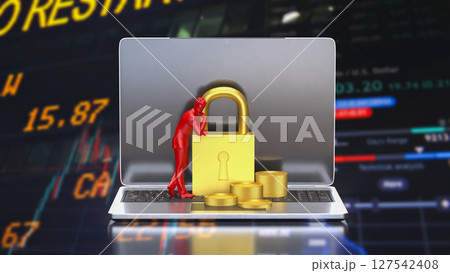 The Lock and coins on Laptop for Security concept 3d Rendering. 127542408