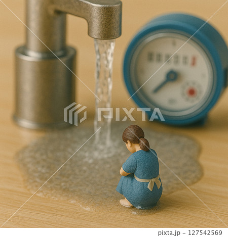 水道代の高騰に悩む主婦のミニチュア｜水の無駄遣いと家庭の負担を表現 127542569