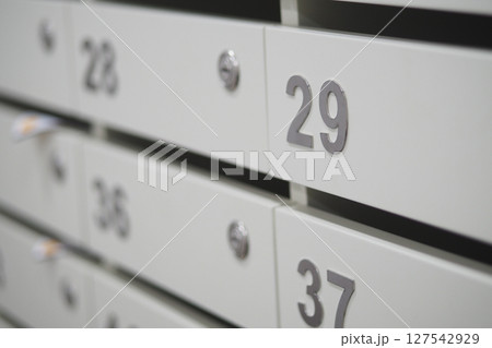 Mailboxes lined up with numbers in a modern setting 127542929