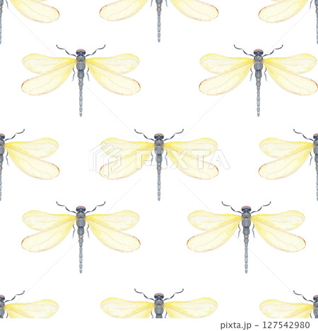 Yellow dragonfly, translucent wings, painted watercolor seamless pattern isolated on white. Ideal for nature branding, packaging, eco-friendly design, stationery, wall art, wedding, baby shower themes Yellow dragonfly, translucent wings, painted watercolor seamless pattern isolated on white. Ideal for nature branding, packaging, eco-friendly design, stationery, wall art, wedding, baby shower themes 127542980