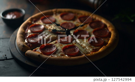 Deconstructed pizza clock with pepperoni hour markers and mozzarella hands. Generated Image 127542994