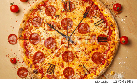 Deconstructed pizza clock with pepperoni hour markers and mozzarella hands. Generated Image 127542995