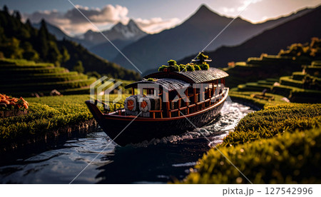 Floating sushi boat navigating miniature rice paddy terraces with wasabi mountains.. Generated Image 127542996
