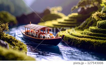 Floating sushi boat navigating miniature rice paddy terraces with wasabi mountains.. Generated Image 127543006