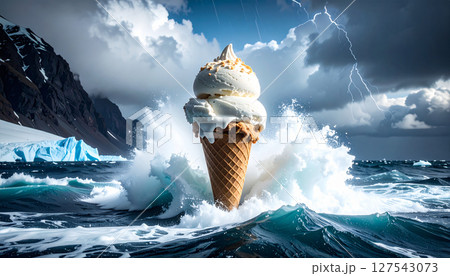Ice cream sandwich glacier calving into milkshake ocean. Generated Image 127543073