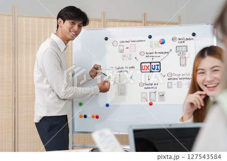 UI designer and UX developer brainstorm together. Creative digital development agency. UX UI concept UI designer and UX developer brainstorm together. Creative digital development agency. UX UI concept 127543584