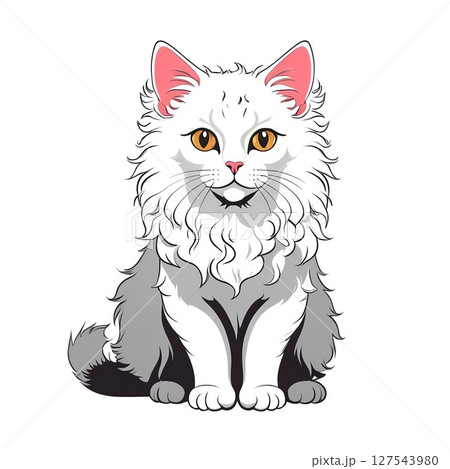 お座りをするラパーマ猫の漫画イラスト 127543980