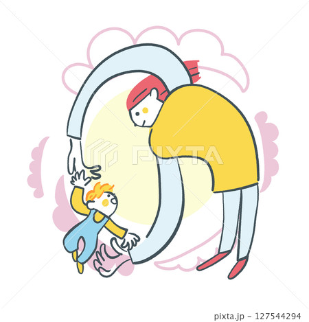 丸くつながる親子の時間　子育て支援や教育広報に使える優しい家族のイラスト ストックイラスト素材			 127544294