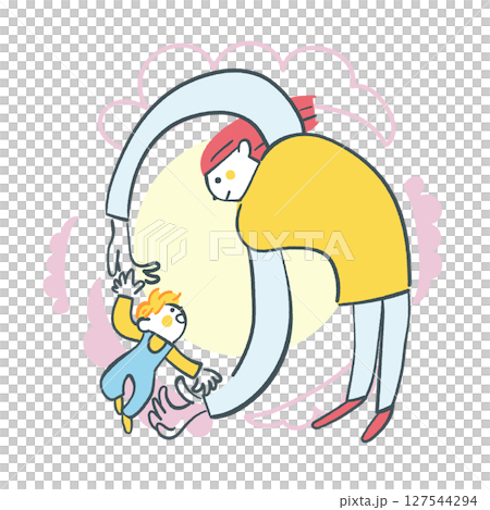 丸くつながる親子の時間　子育て支援や教育広報に使える優しい家族のイラスト ストックイラスト素材			 127544294