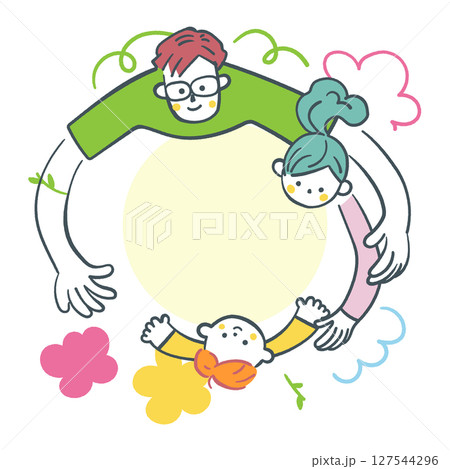 丸くつながる親子の時間　子育て支援や教育広報に使える優しい家族のイラスト ストックイラスト素材			 127544296