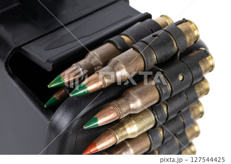 5.56 mm ammunition belt with cartridges in ammunition box 127544425
