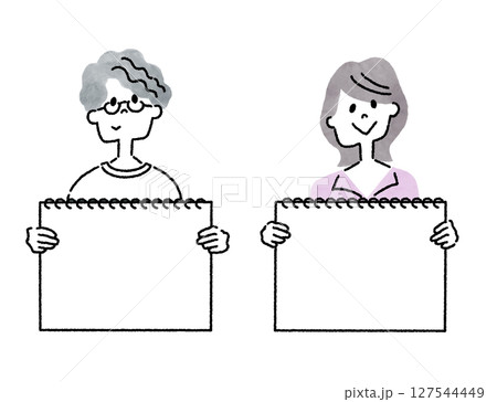 スケッチブックを持つ若い男女の線画イラスト 127544449