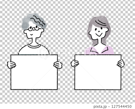 Line drawing illustration of a young man and woman holding a whiteboard 127544450