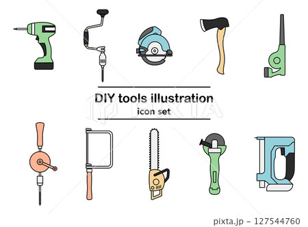 DIY工具アイコンセットのベクターイラスト|ドリル, ノコギリ, チェーンソー, グラインダー, ブ DIY工具アイコンセットのベクターイラスト|ドリル, ノコギリ, チェーンソー, グラインダー, ブ 127544760