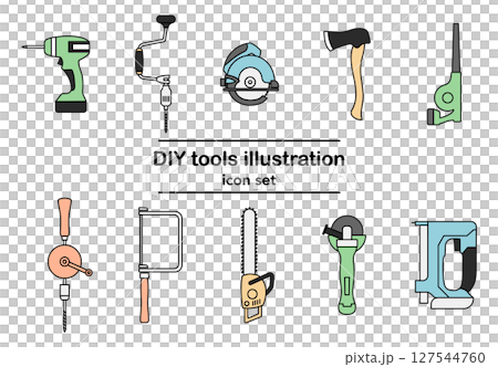 DIY 工具圖示集的向量插圖 | 鑽頭、鋸子、鏈鋸、磨床、刀片 127544760