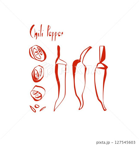 Set of red chili peppers slices and seeds with handwritten chilli pepper text on white background 127545603