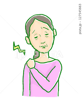 肩こりに悩むシニア女性のオリジナルイラスト 肩こりに悩むシニア女性のオリジナルイラスト 127545663