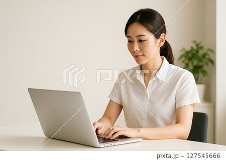 パソコンを使う女性(クールビズ) 127545666