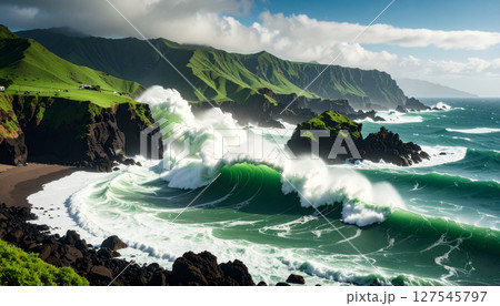 Matcha tsunami crashing over chocolate rock coastline. Food Concept. Generated Image 127545797