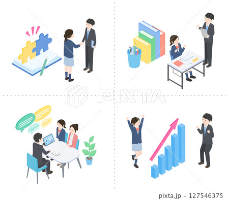 一緒に勉強をがんばっている女子生徒と先生のイラストセット 127546375