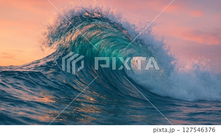 夕焼けの海に立つ幻想的な波 夕焼けの海に立つ幻想的な波 127546376