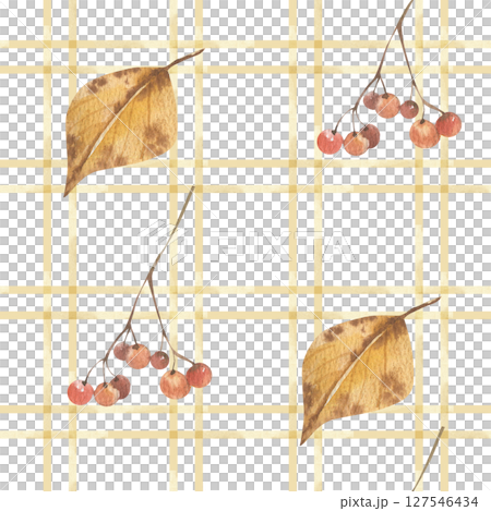 Autumn rustic watercolor seamless pattern with fall yellow leaves. red berries on beige plaid background. Hand drawn floral repeated clipart, floral forest drawing for kitchen,home textile, fabric 127546434