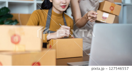 Young business entrepreneur using laptop. Preparing for shipping, online selling, e-commerce concept 127546557