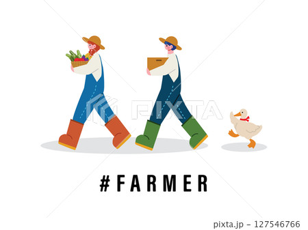 収穫した野菜を運ぶ農家の男女 収穫した野菜を運ぶ農家の男女 127546766
