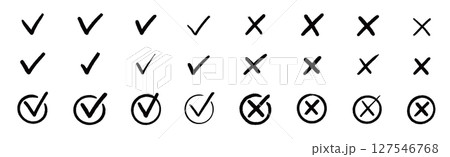 Check tick mark icon set. Cross box x check mark checkbox v list vector draw hand drawn sketch doodle brush marker checklist symbol wrong right circle. Vector 127546768