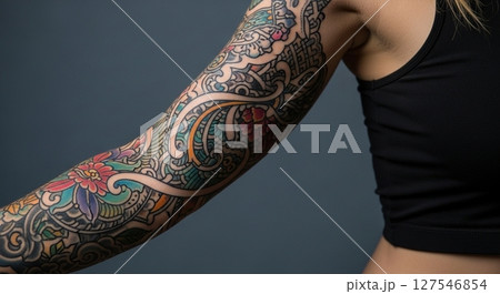 Unique Curves: Elegant Arm Tattoo Design for Women Unique Curves: Elegant Arm Tattoo Design for Women 127546854
